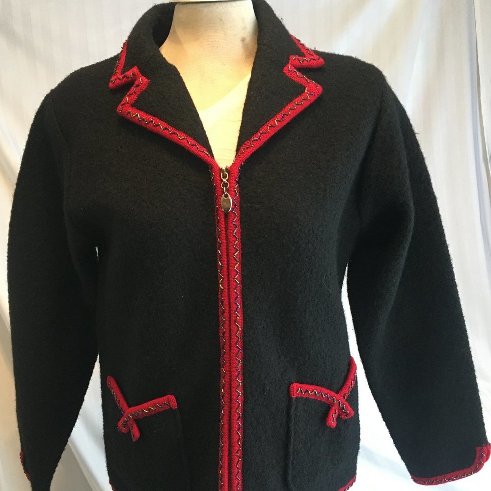 Lisa International Women Boil Wool Sweater Jacket Zip Cardigan Sz Med Black Red